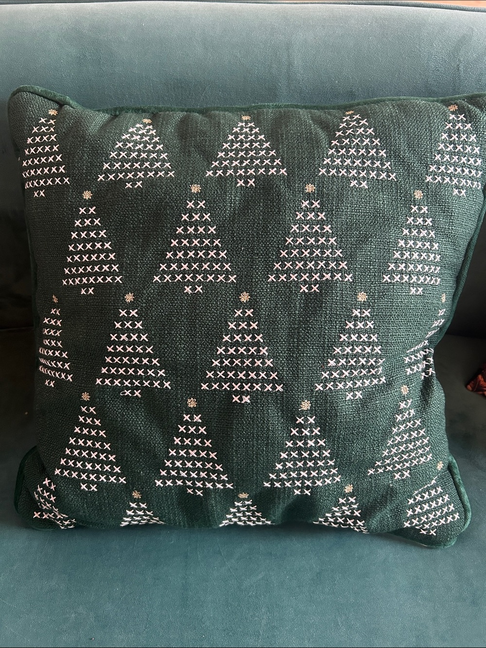 Kirklands Dark Green Holiday Tree Embroidered Pillow